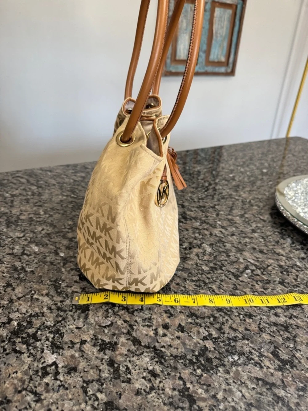 Michael Kors Beige MK Monogram Round handle Tote EUC